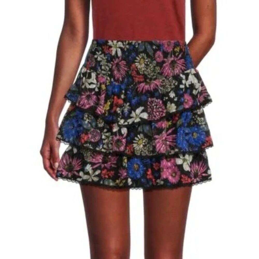 Spring & Mercer Black Multi Floral Tiered Mini Skirt Smocked Waist‎ Sz S Fairy
